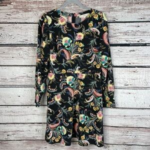 LOFT Size 6 Black Paisley Shift Dress Lightweight Long Sleeve with‎ Button Cuffs